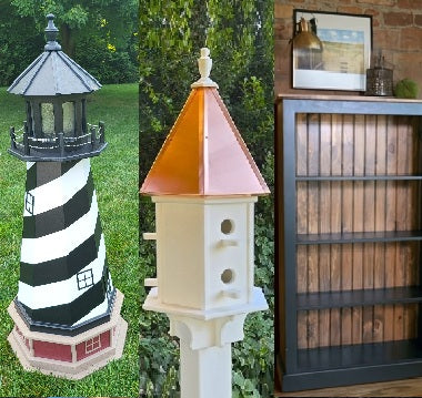 American handmade, furniture, birdhouses, outdoor decor, solar lighthouses