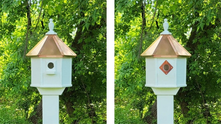 2 Nesting Compartments Amish Handmade Copper Roof Birdhouse With Individual Perches, Duplex 2 Holes Bluebird Songbird Bird House