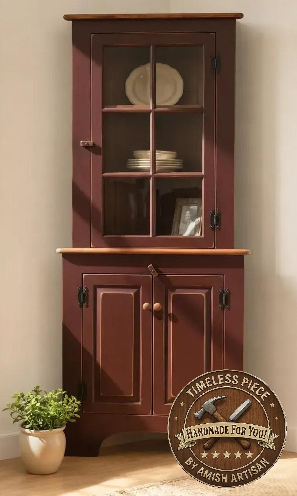 Amish Handmade Glass Corner Cabinet - Multipurpose Cabinet - Farmhouse - Primitive Cabinet - Corner Cupboard - Amish Bookcase - Case Goods