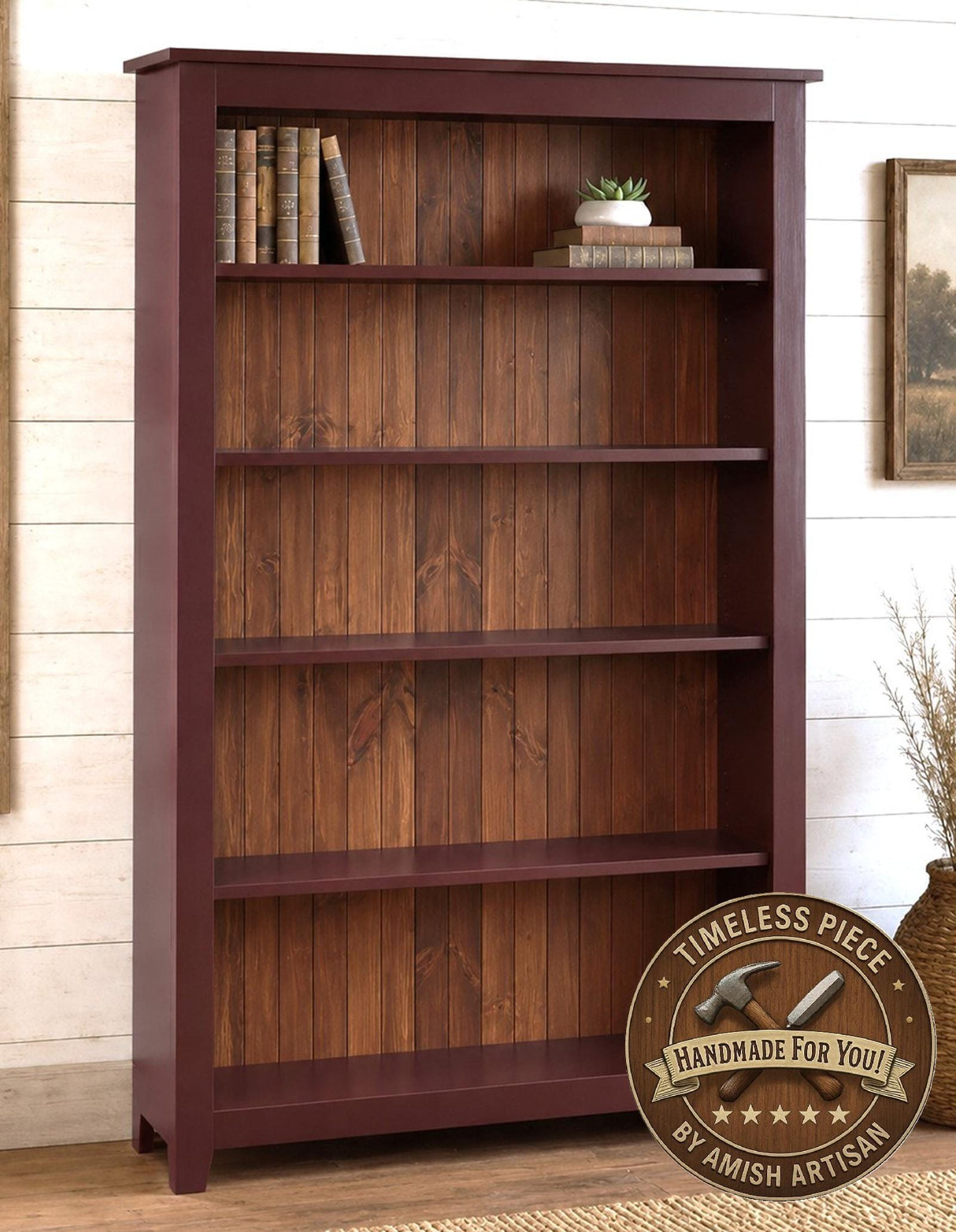 Wide Bookcase 4ft, Primitive Furniture Rustic Organizer Book Shelf Amish Made Furniture For Book Lovers Rustic Unique Antique Home Study