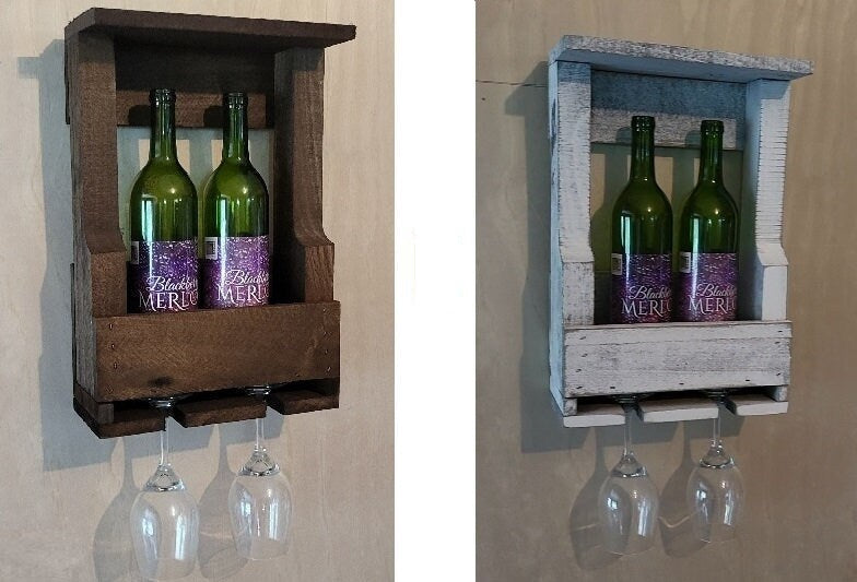 Rustic Wine Shelf - Wall Mounted - Amish Handmade Wine Holder - Wine Display With Glass Holder - Gifts - Bar Rack- Wooden Bottle Holder