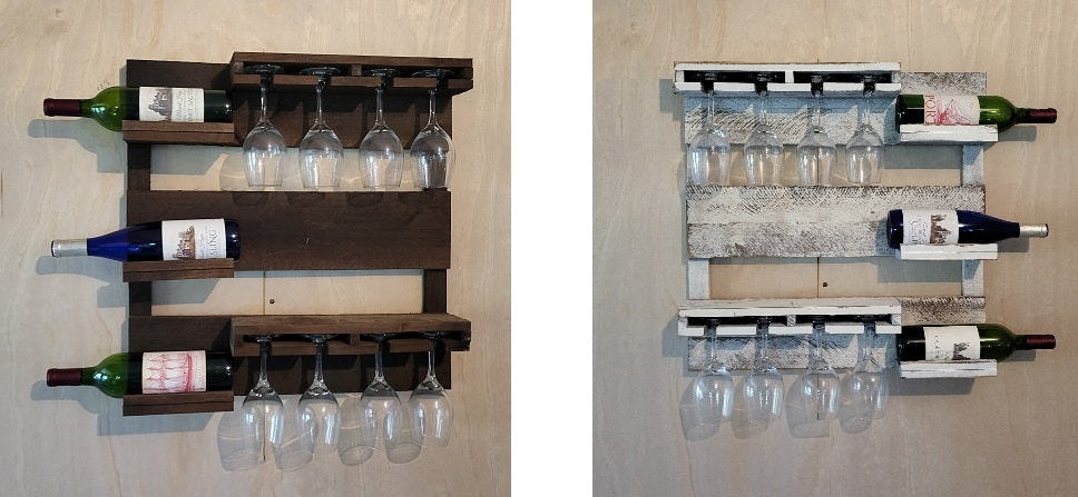 Rustic Wine Shelf - Wall Mounted - Amish Handmade Wine Holder - Wine Display With Glass Holder - Gifts - Bar Rack- Wooden Bottle Holder