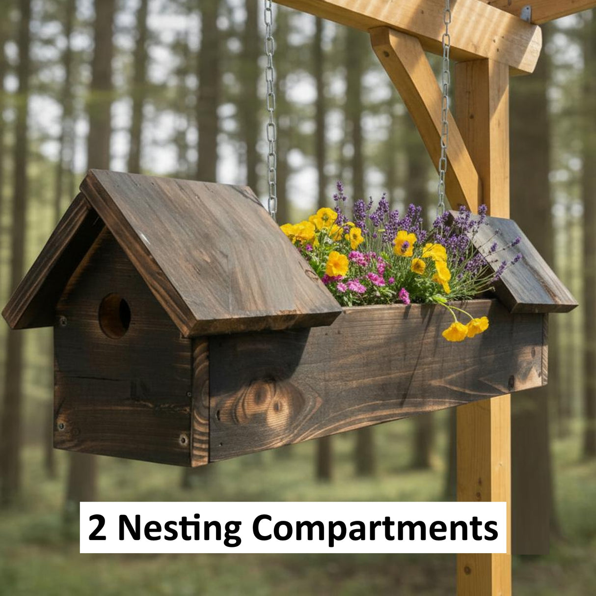 Wooden birdhouse with flower box and 2 nesting compartments against a forest background