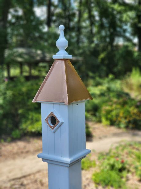 Bluebird Birdhouse Patina Copper Top Handmade Vinyl With 1 Nesting Compartment, Metal Predator Guards, Weather Resistant, Birdhouse Outdoor
