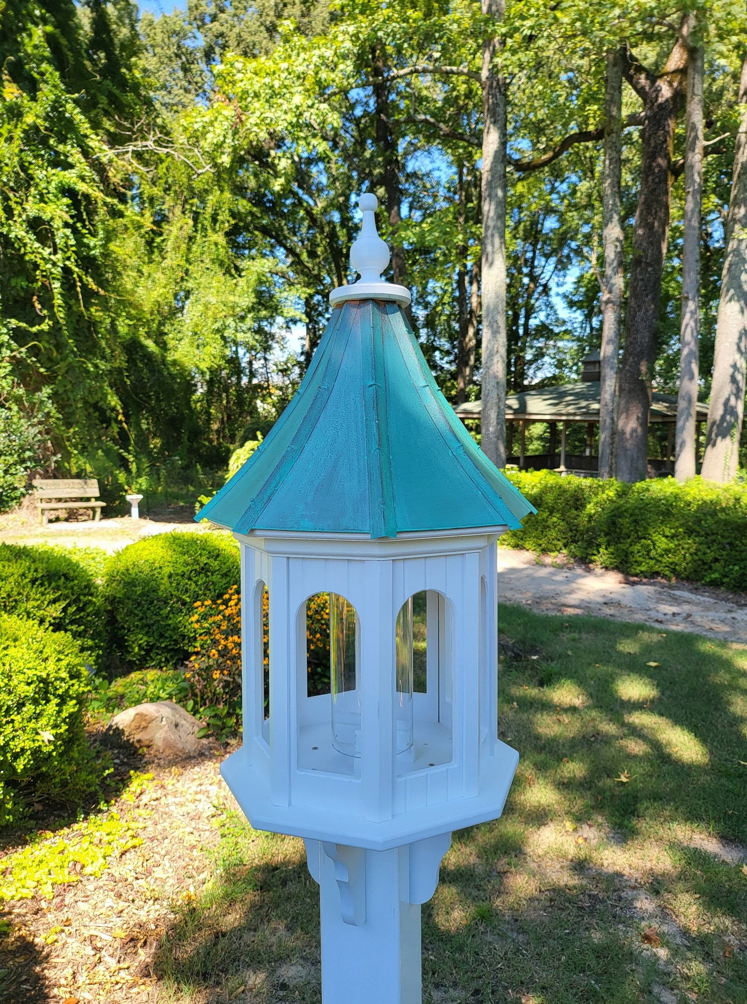 Large Bird Feeder Patina Copper Roof, 8 Sided Octagon, Premium Feeding Tube, Roof Options