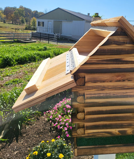 Log Cabin Birdhouse, Amish Handmade, 2 Nesting Compartments With Cedar Roof, Yellow Pine, and Stone Chimney