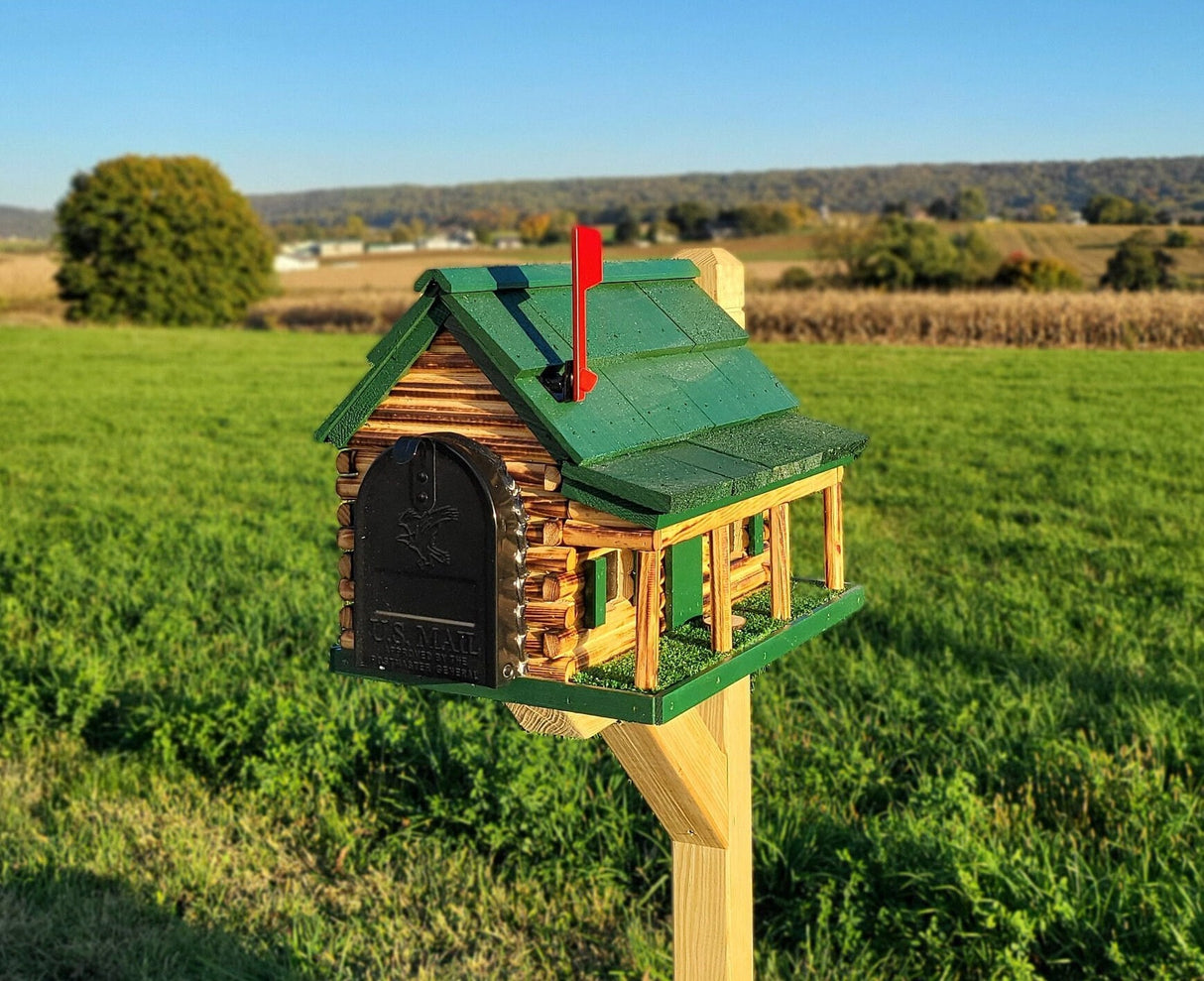 Amish Mailbox - Handmade - Log Cabin Style - Wooden with Metal USPS Approved Mailbox Outdoor