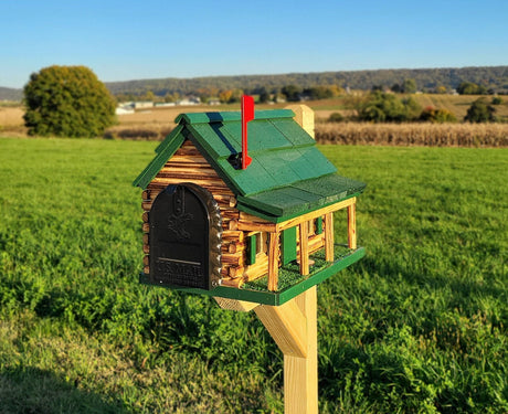 Amish Mailbox - Handmade - Log Cabin Style - Wooden with Metal USPS Approved Mailbox Outdoor