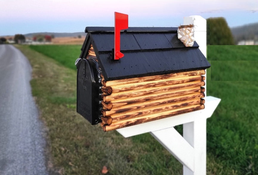 Barn Mailbox Amish Handmade Log Cabin Style, Wooden With Cedar Shake Roof and Metal Box Insert
