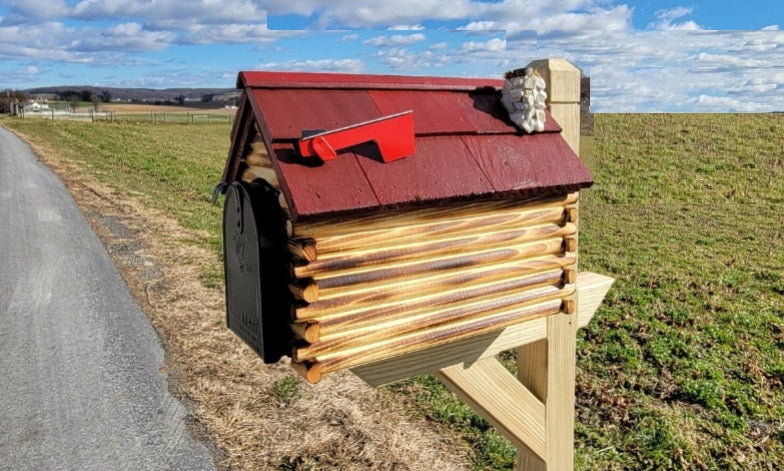 Barn Mailbox Amish Handmade Log Cabin Style, Wooden With Cedar Shake Roof and Metal Box Insert