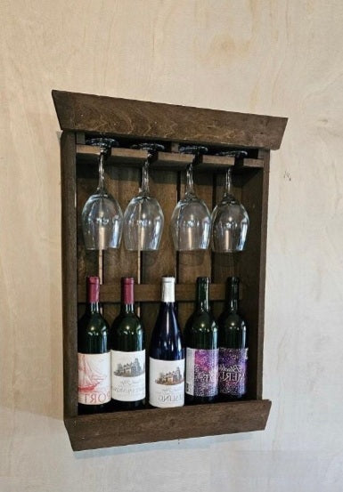 Rustic Wine Shelf - Wall Mounted - Amish Handmade Wine Holder - Wine Display With Glass Holder - Gifts - Bar Rack- Wooden Bottle Holder