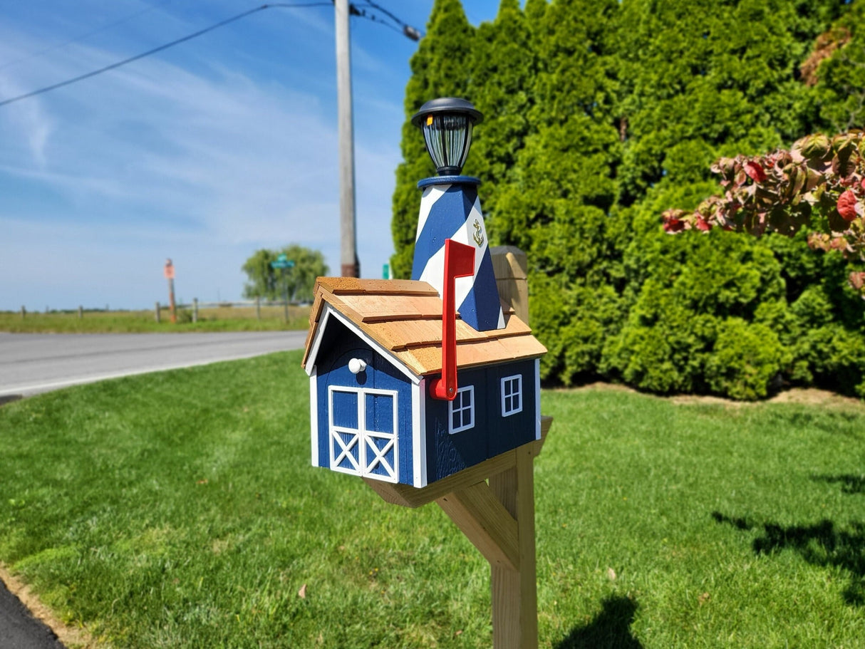 Amish Mailbox - Handmade - With Solar Lighthouse - Wooden - With Cedar Shake Shingles Roof - Color Options