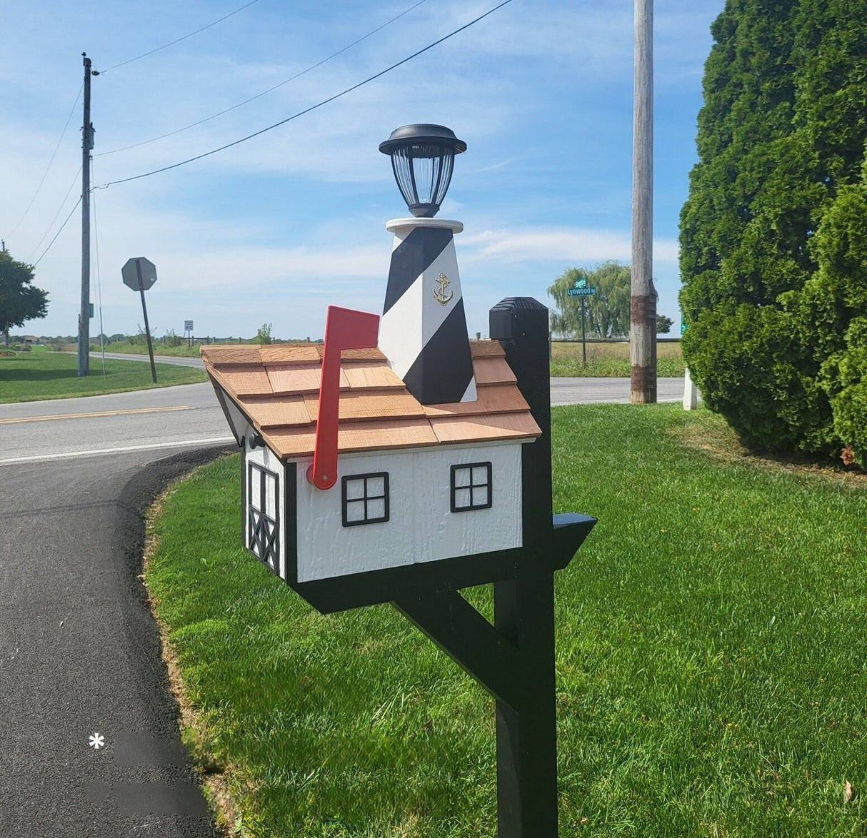 Amish Mailbox - Handmade - With Solar Lighthouse - Wooden - With Cedar Shake Shingles Roof - Color Options