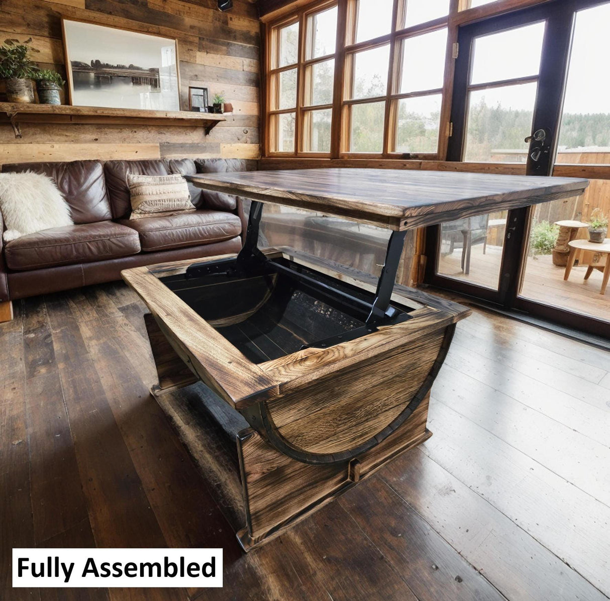 Whiskey barrel table, easy lift top, coffee table, primitive barrel table, farmhouse, storage table, hickory, white oak