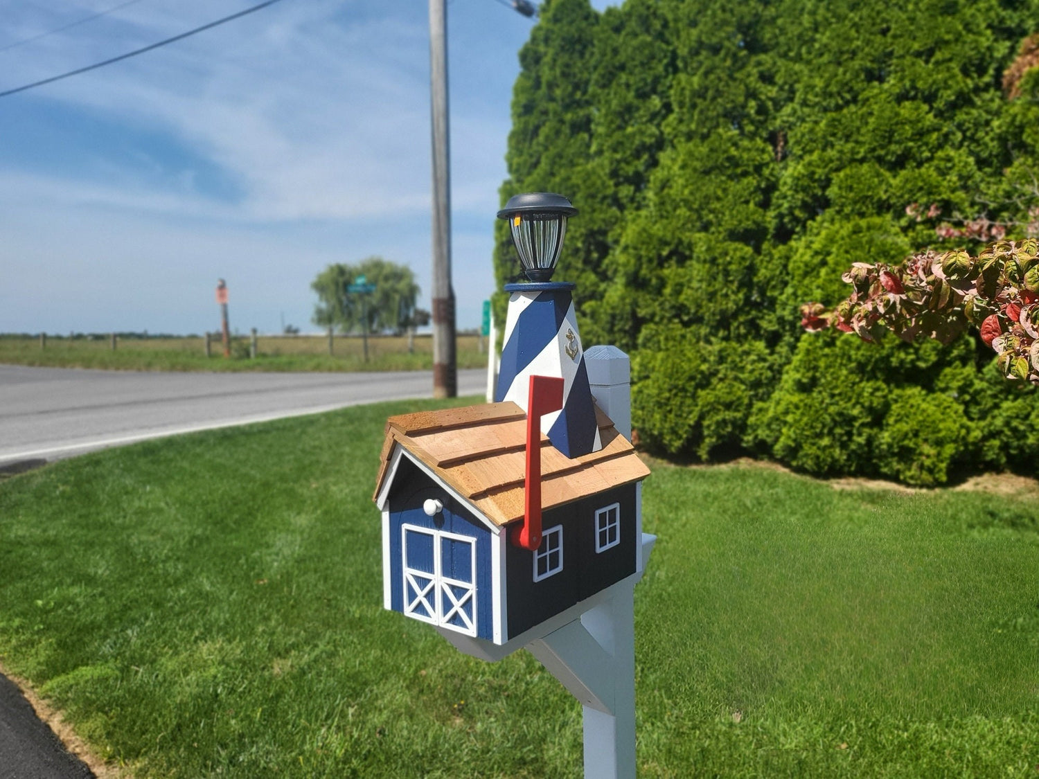 Amish Mailbox - Handmade - With Solar Lighthouse - Wooden - With Cedar Shake Shingles Roof - Color Options - Lighthouse Mailboxes