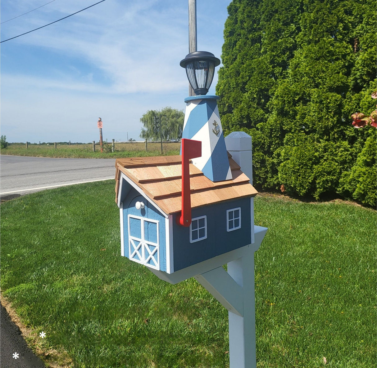Amish Mailbox - Handmade - With Solar Lighthouse - Wooden - With Cedar Shake Shingles Roof - Color Options - Lighthouse Mailboxes