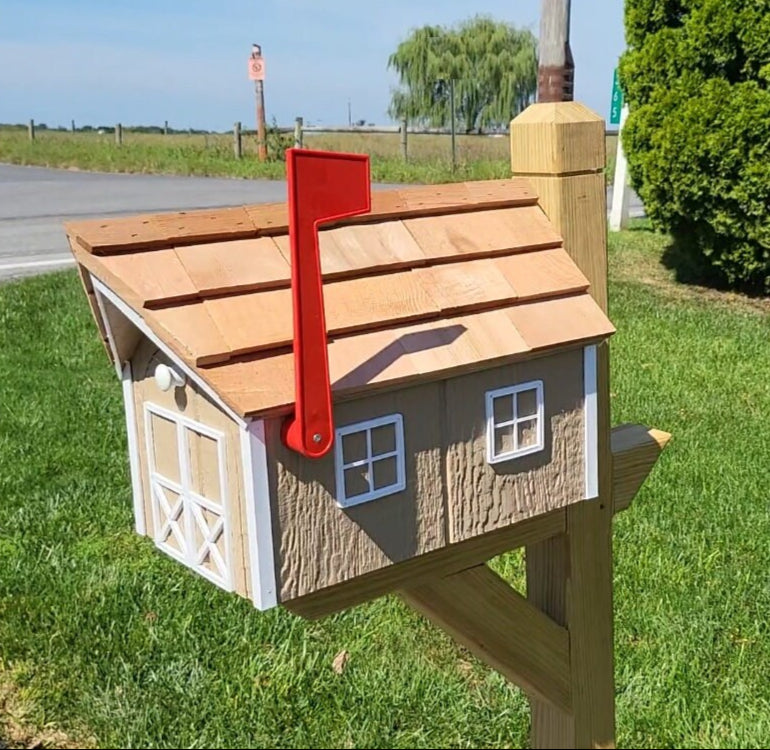 Mailbox - Amish Handmade - Wooden - Clay - Barn Style - With Tall Prominent Flag - With Cedar Shake Shingles Roof - Mailboxes - Outdoor - Barn Mailboxes Wood