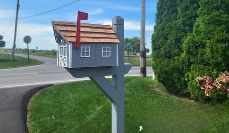 Dark Gray Mailbox - Amish Handmade - Wooden - Barn - Style - With Tall Prominent Sturdy Flag- Cedar Shake Shingles Roof - Mailbox - Outdoor - Barn Mailboxes Wood