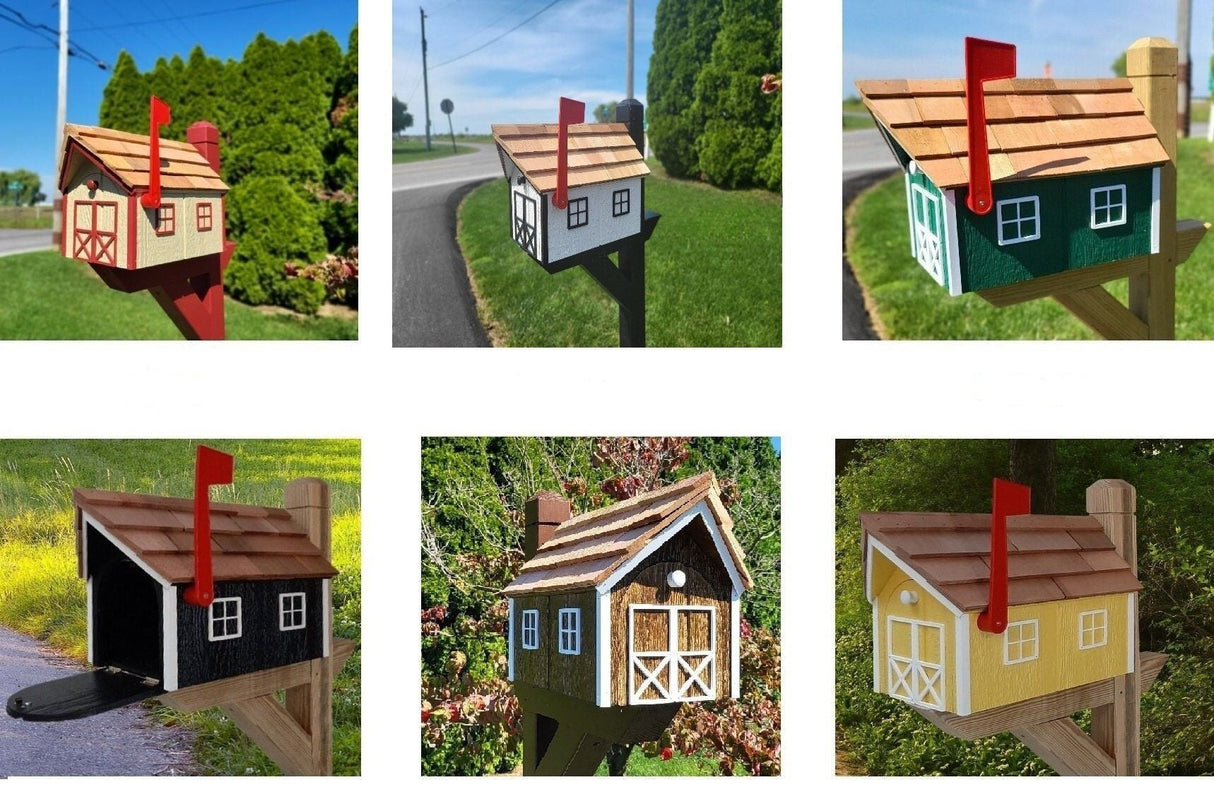 Amish Mailbox Dark Gray - Handmade - Wooden - Barn Style - With a Tall Prominent Sturdy Flag - With Cedar Shake Shingles Roof