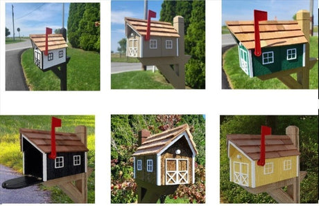 Amish Mailbox Gray - Handmade - Wooden - Barn Style - Gray - With a Tall Prominent Sturdy Flag - With Cedar Shake Shingles Roof - Barn Mailboxes Wood