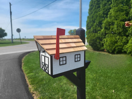 Dark Gray Mailbox - Amish Handmade - Wooden - Barn - Style - With Tall Prominent Sturdy Flag- Cedar Shake Shingles Roof - Mailbox - Outdoor - Barn Mailboxes Wood