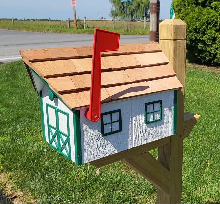 Amish White Mailbox - Handmade - Barn Style - Wooden - Tall Prominent Sturdy Flag - With Cedar Shake Shingles Roof - Barn Mailboxes Wood