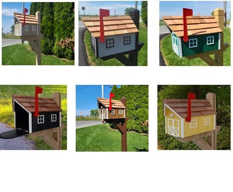 Amish Mailbox - Handmade - Barn Style - Wooden - Tall Prominent Sturdy Flag - Cedar Shake Shingles Roof- Amish Outdoor Mailbox Color Options