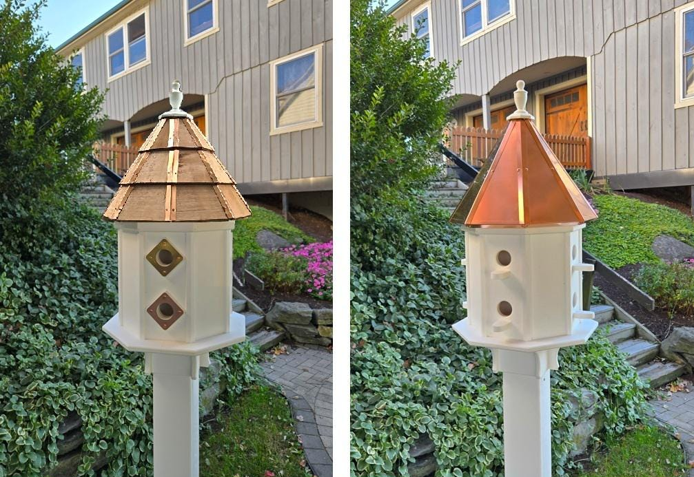 Birdhouse Copper Roof/Cedar Roof With Predator Guards + Perches Combo Handmade 2-8 Nesting Compartments, Large, Poly, Bird Lovers