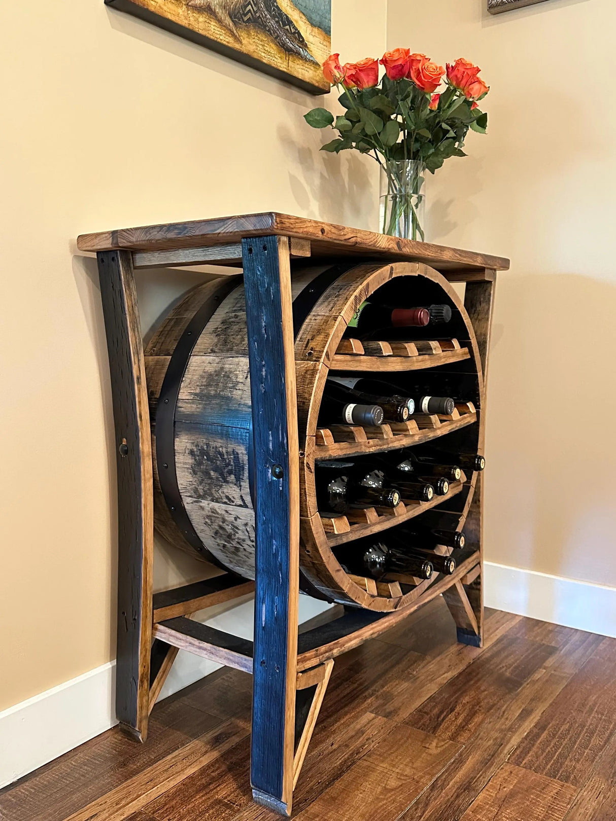Whiskey Barrel Wine Rack - Amish Handmade - Liquor Cabinet - Furniture - Wooden Bottle Holder - Barrel - Wine Barrel - Whiskey Odor - Rustic