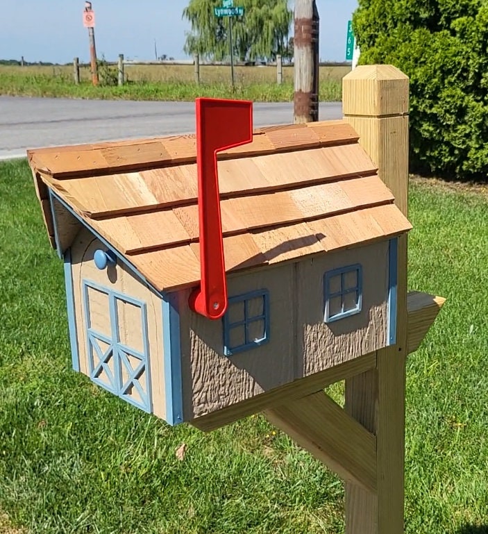 Barn Mailbox - Handmade - Wooden - Rustic - Clay - Amish - With a Tall Prominent Sturdy Flag - Rural - Cedar - Mailbox - on - post - Barn Mailboxes Wood