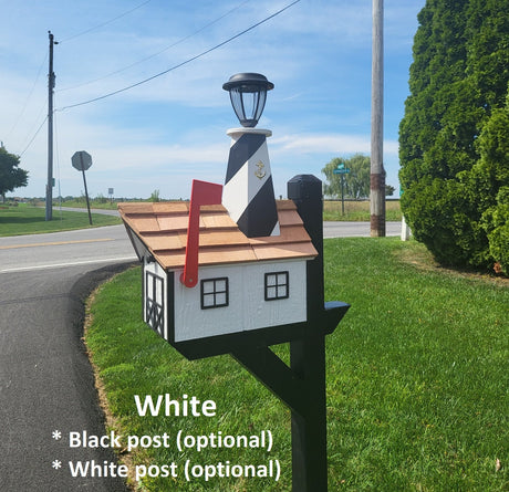 Amish Mailbox - Handmade - With Solar Lighthouse - Wooden - With Cedar Shake Shingles Roof - Color Options