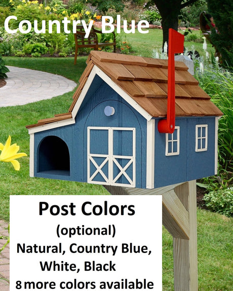 Amish Mailbox with Newspaper Holder, Handmade Wooden Barn Style Mailbox With Cedar Shake Roof and a Tall Prominent Sturdy Flag