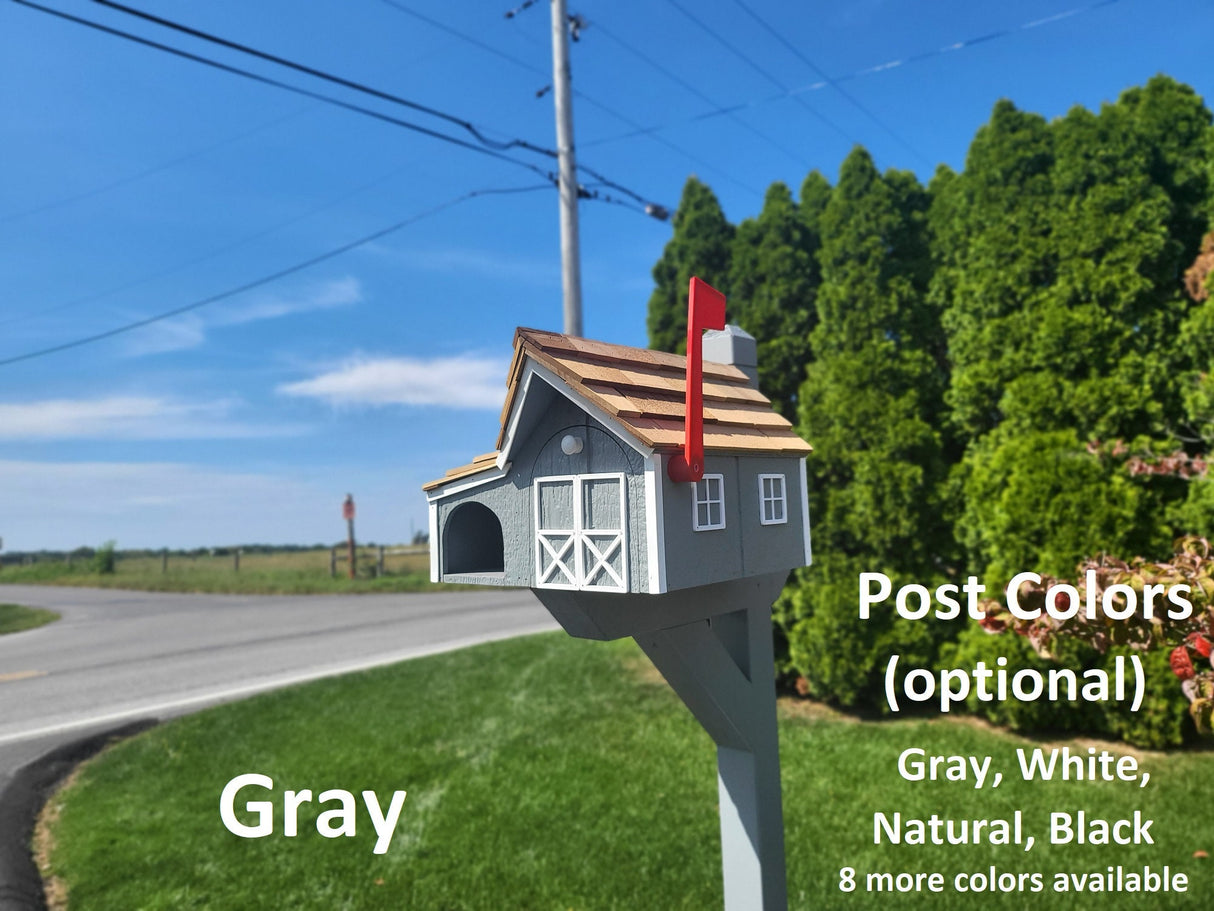 Amish barn Mailbox with Newspaper Holder, Handmade, Wooden Mailbox With Cedar Shake Roof and a Tall Prominent Sturdy Flag