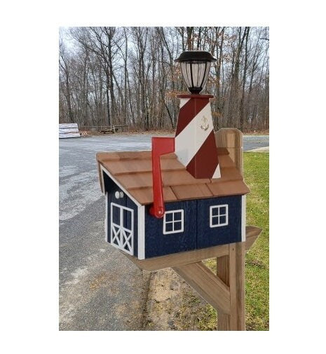 Amish Mailbox - Handmade - With Solar Lighthouse - Wooden - With Cedar Shake Shingles Roof - Color Options