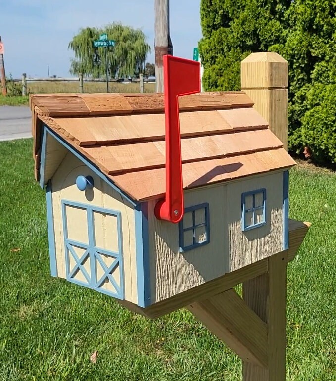 Amish Mailbox - Handmade - Wooden - Beige - Barn Style - With a Tall Prominent Sturdy Flag - With Cedar Shake Shingles Roof - Barn Mailboxes Wood