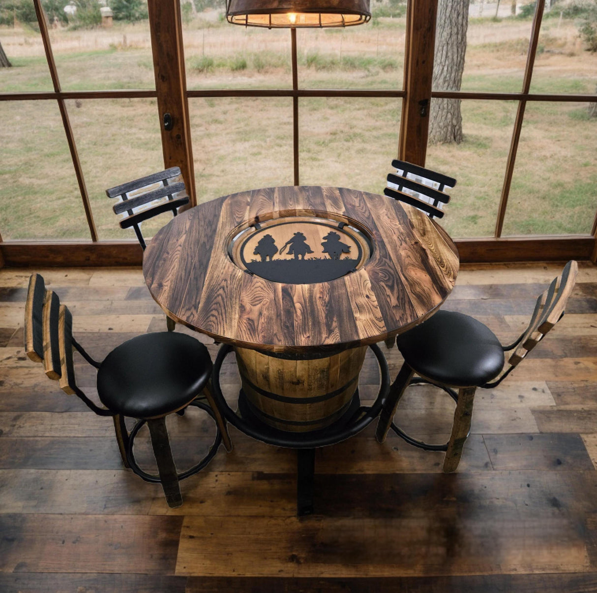 Barrel Bar Table - Amish Handmade - Counter Table - Bar Chairs - Farmhouse Furniture - Swivel Chairs - Cushion Seat - Whiskey Barrel- Rustic
