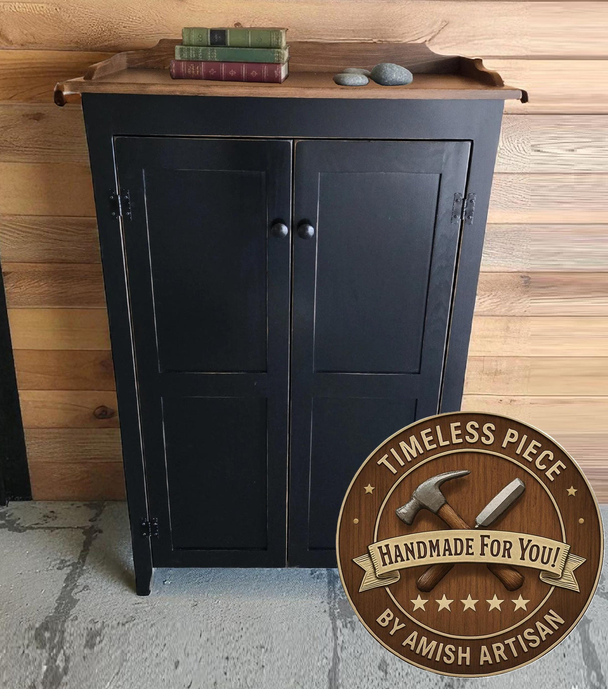 Amish Handmade Pine Cabinet: Rustic Bordered Countertop, Farmhouse Furniture