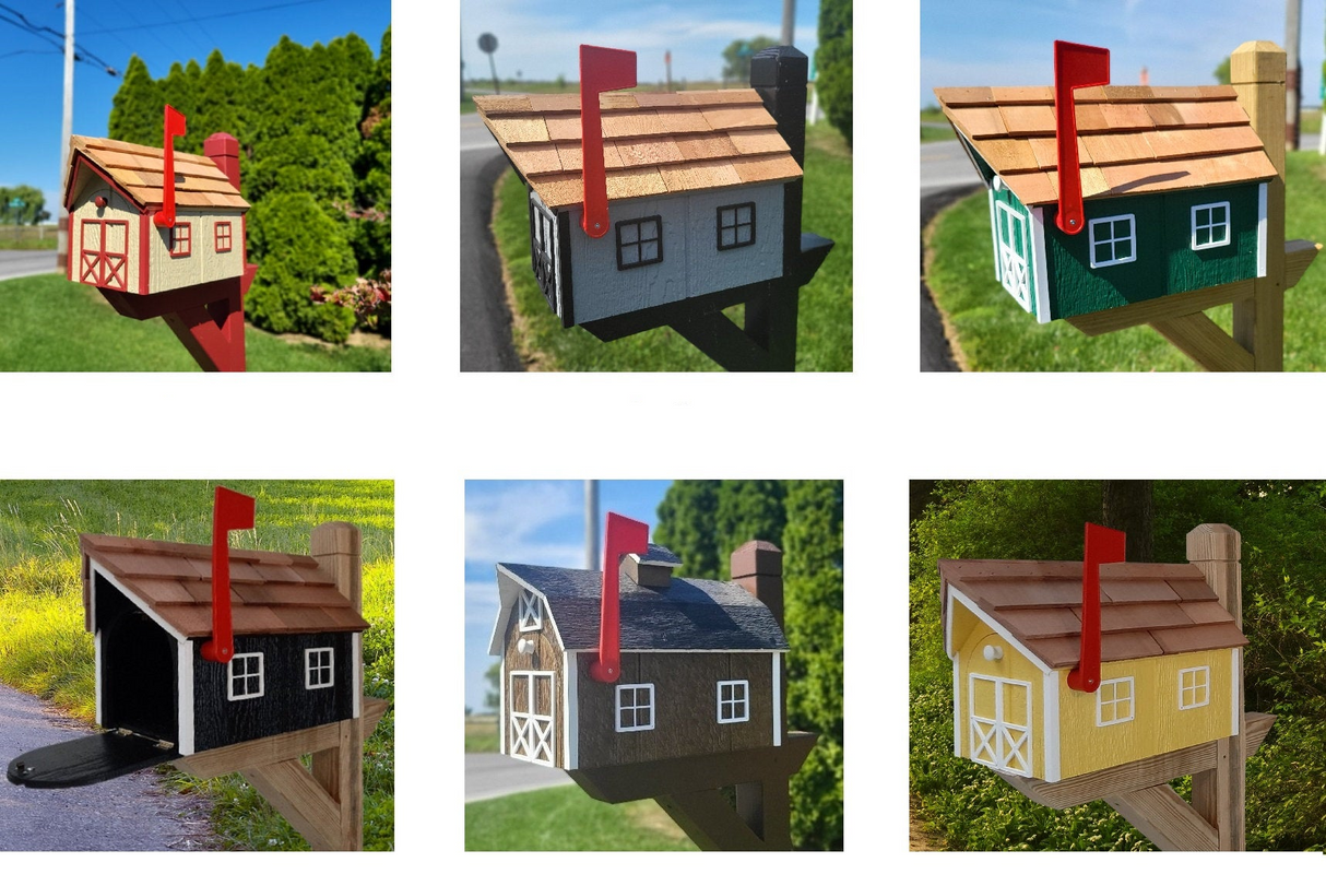 Amish Mailbox - Handmade - Barn Style - Wooden - Tall Prominent Sturdy Flag - Cedar Shake Shingles Roof - Amish Outdoor Mailbox Multi Colors -