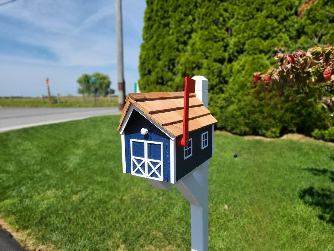 Dark Gray Mailbox - Amish Handmade - Wooden - Barn - Style - With Tall Prominent Sturdy Flag- Cedar Shake Shingles Roof - Mailbox - Outdoor - Barn Mailboxes Wood