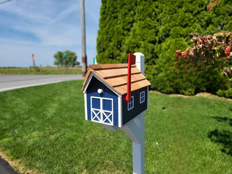 Dark Gray Mailbox - Amish Handmade - Wooden - Barn - Style - With Tall Prominent Sturdy Flag- Cedar Shake Shingles Roof - Mailbox - Outdoor - Barn Mailboxes Wood