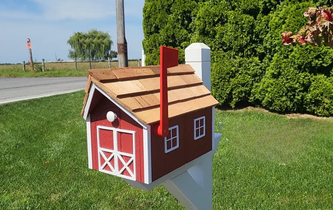 Amish Mailbox - Handmade - Barn Style - Wooden - Tall Prominent Sturdy Flag - Cedar Shake Shingles Roof - Amish Outdoor Mailbox Multi Colors -