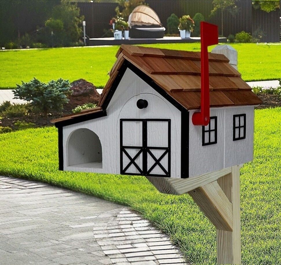 Amish barn Mailbox with Newspaper Holder, Handmade, Wooden Mailbox With Cedar Shake Roof and a Tall Prominent Sturdy Flag