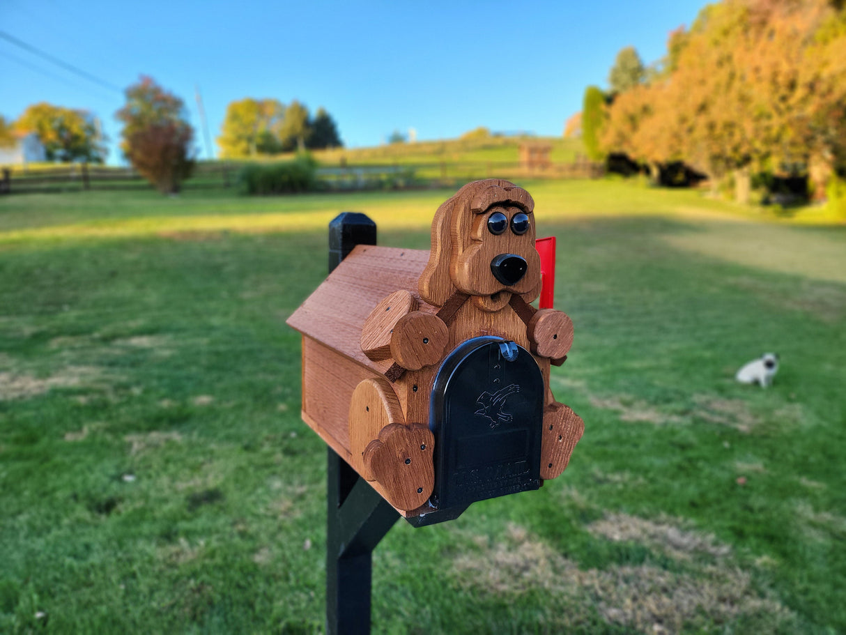 Dog Mailbox Amish Handmade, Wooden With Metal Box Insert USPS Approved - Made With Yellow Pine Rougher Head - Unique Mailboxes