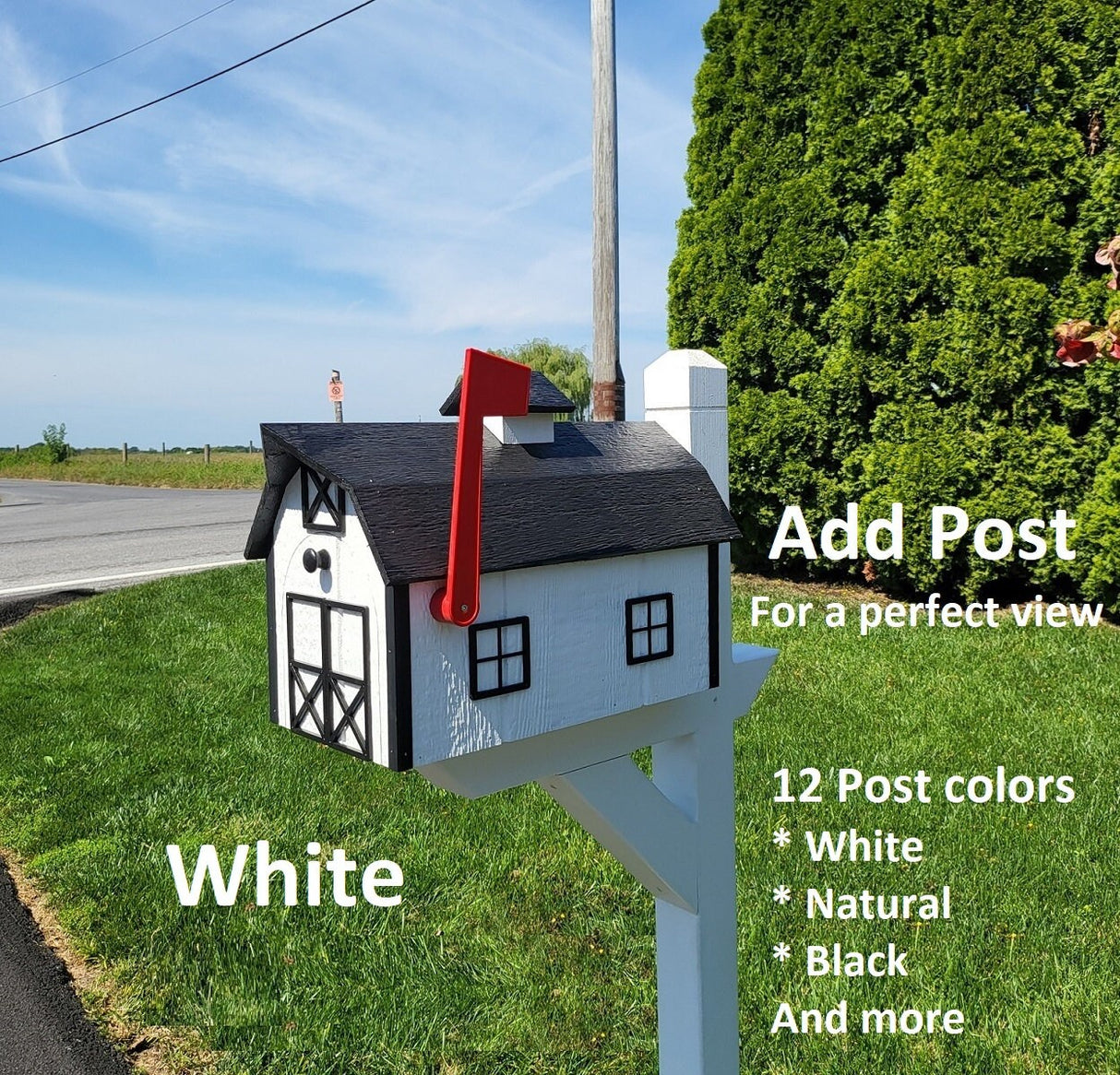 Dutch Barn Mailbox Amish Handmade, Choose Your Color, Wood Amish Mailbox With Red Flag Black Roof - Dutch Barn