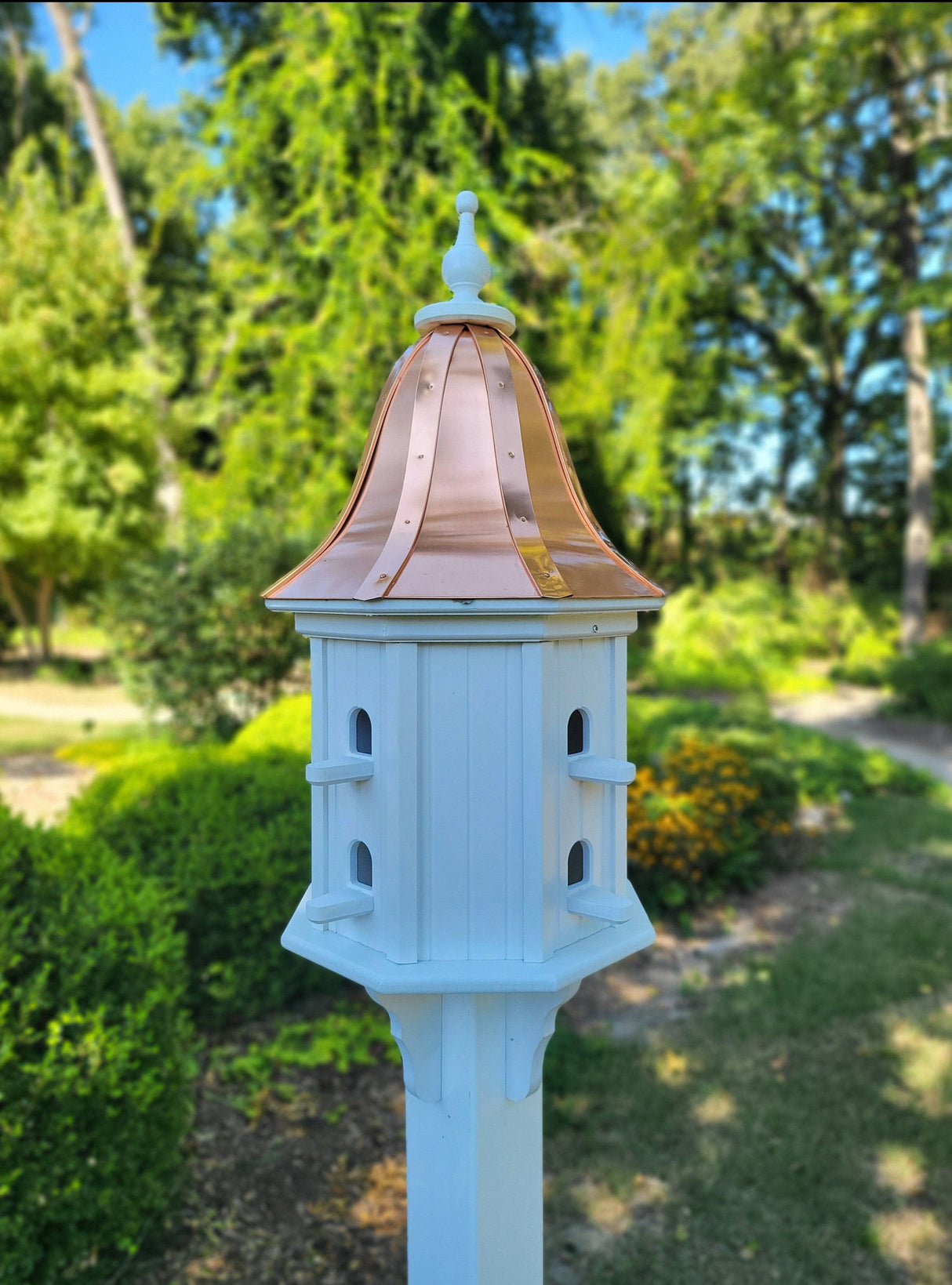 Bird House With Bell Copper Roof Handmade, Octagon Shape, Extra Large With 8 Nesting Compartments, Weather Resistant Birdhouses - Copper Roof