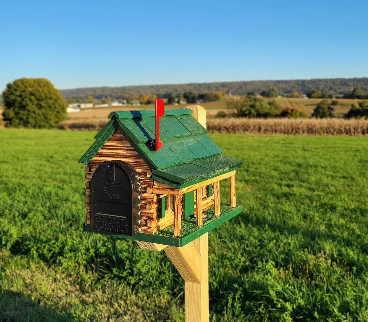Amish Mailbox - Handmade - Log Cabin Style - Wooden with Metal USPS Approved Mailbox - Outdoor - Log Cabin + Metal Insert