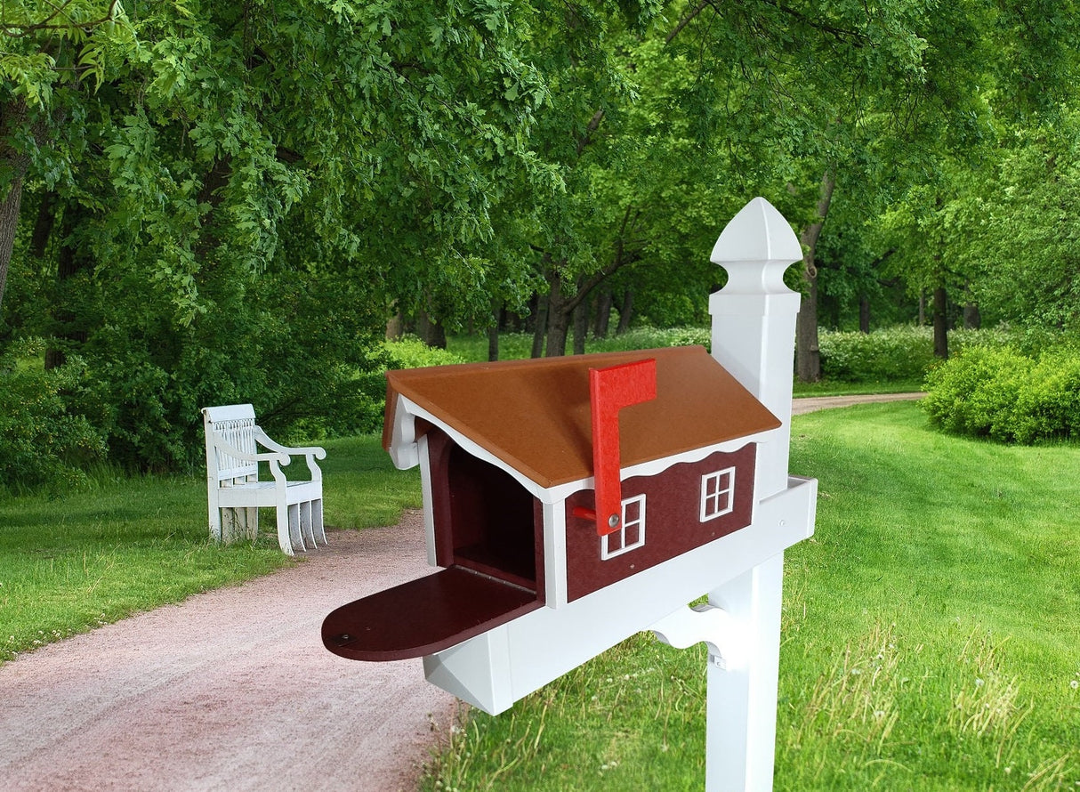 Amish Mailbox - Handmade - With White Trim Under Roof - Poly Lumber - Cedar Roof, Red Box, White Trim - Add Your Mailbox Number (optional) - Barn Mailboxes Poly