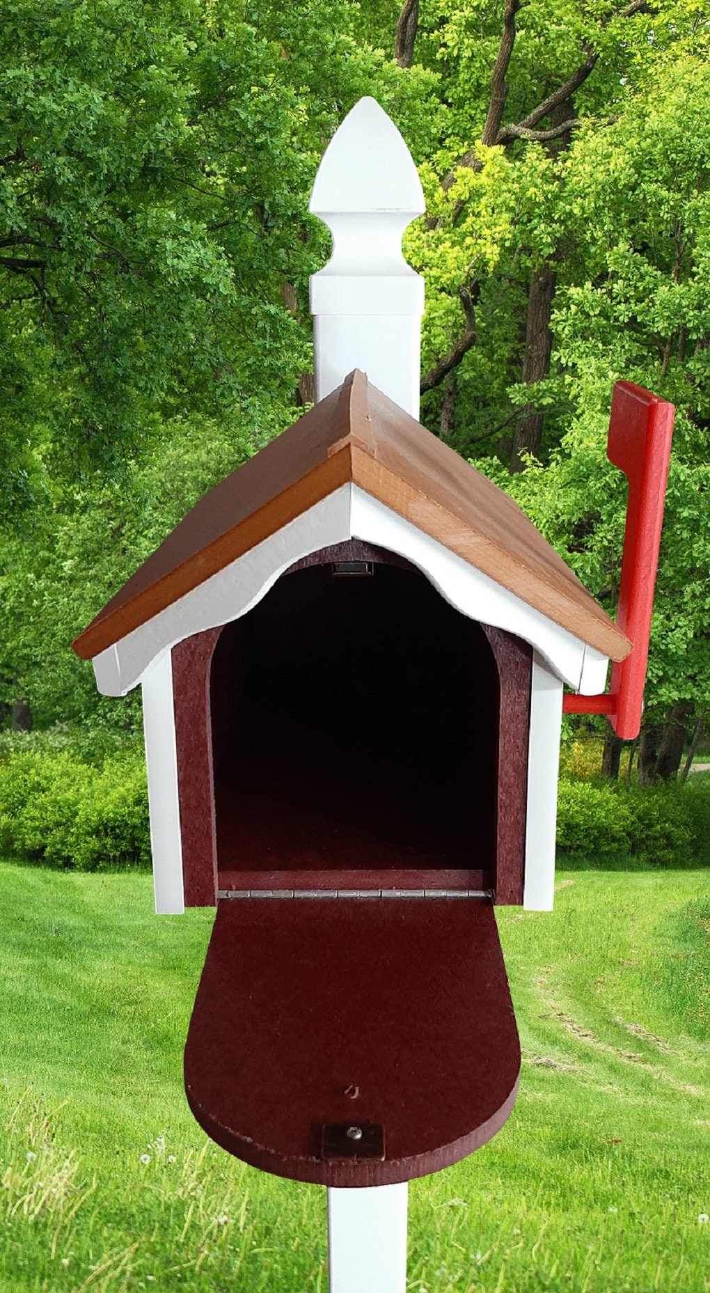 Amish Mailbox - Handmade - With White Trim Under Roof - Poly Lumber - Cedar Roof, Red Box, White Trim - Add Your Mailbox Number (optional) - Barn Mailboxes Poly