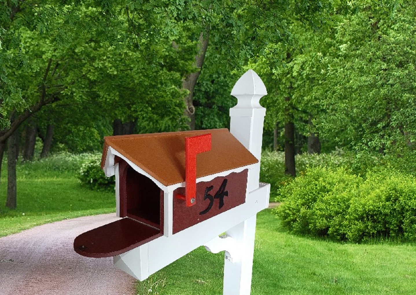 Amish Mailbox - Handmade - With White Trim Under Roof - Poly Lumber - Cedar Roof, Red Box, White Trim - Add Your Mailbox Number (optional) - Barn Mailboxes Poly