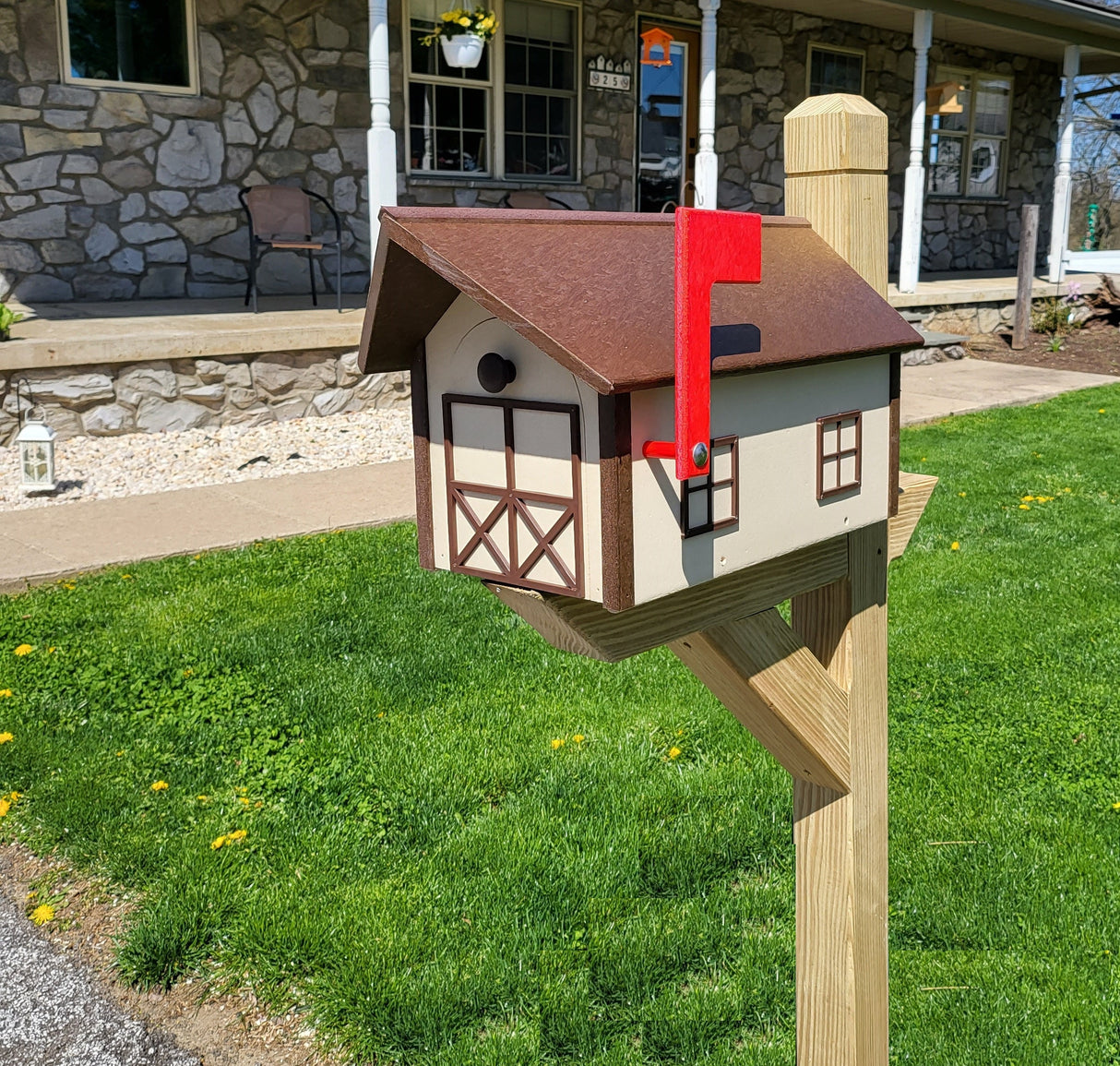 Large Mailbox Amish Handmade Ivory Box, Brown Roof and Brown Trim Poly Lumber Weather Resistant - Barn Mailboxes Poly